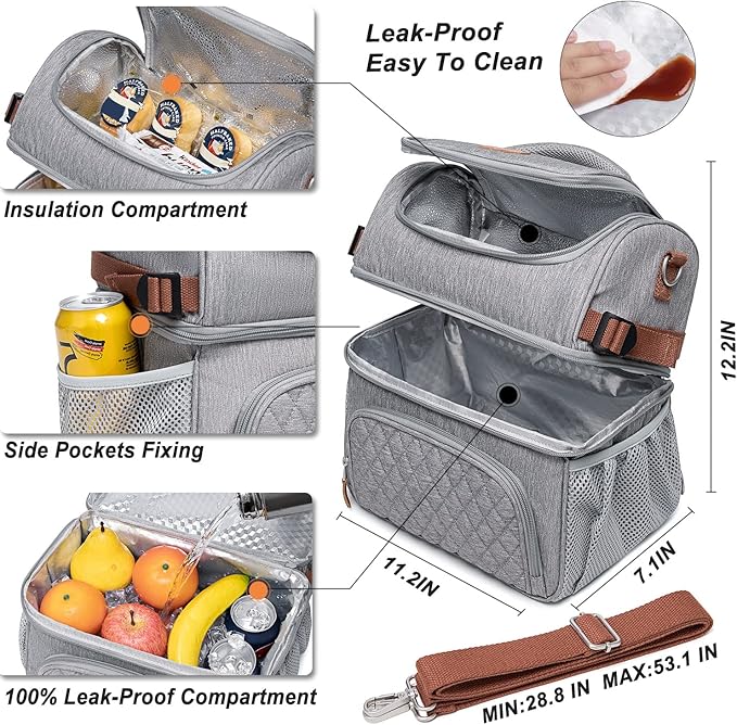Artelaris Lunch Bag for Men Women, Large Double Deck Lunch Box Tote for Work, Dual Compartment Insulated Leakproof Lunchbox Cooler for Adult with Shoulder Strap & Side Pocket for Picnic Hiking Outdoor