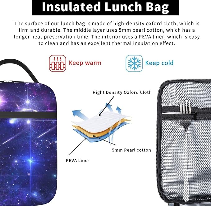YETTA YANG Nebula Galaxy Purple Colorful Portable Lunch Bag Insulated Lunch Box Reusable Totes For Women Men Work Picnic Camping