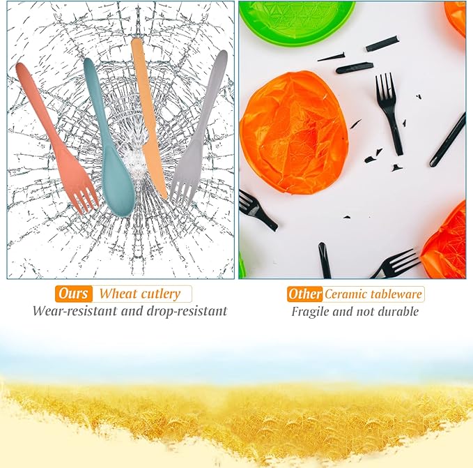 Knives Spoons and Forks Set, Wheat Straw Cutlery Set, Reusable Flatware Set for 4, Utensils for Party, Travel, Work, Picnic, Camping or Daily Use (2)