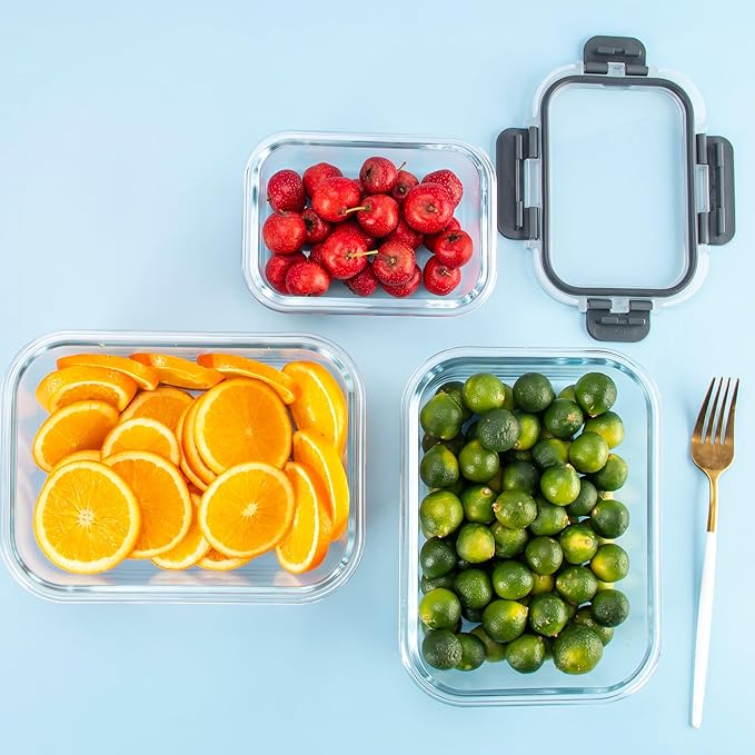 10 Pack Glass Food Storage Containers with Airtight Lids, Ideal for Meal Prep, Lunches - Microwave and Dishwasher Safe, Grey