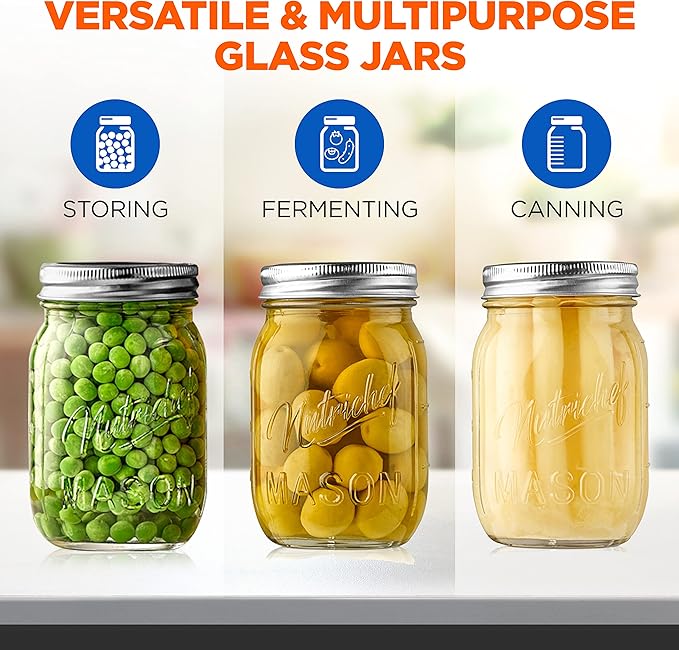 NutriChef 8-Pack 16 oz Mason Jars with Lids - Thick Glass Canning Jars with Stainless Steel Lids - Ideal for DIY Spices, Meal Prep, Overnight Oats, Jelly, Jam, Honey, Candles, Crafts, & More