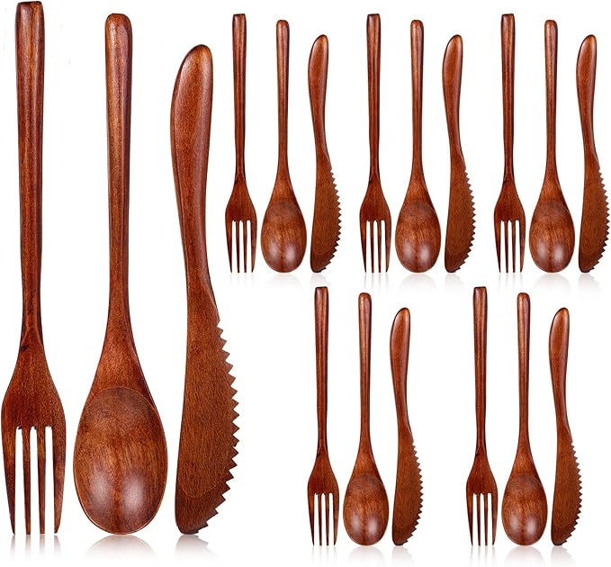 Molain Wooden Utensils for Eating - 18 Pcs Wooden Cutlery Set, Spoon Fork Knife Flatware Dinner Tableware Set, Eco-Friendly Wood Utensils for Kitchen and Travel