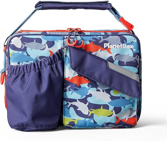 PlanetBox Insulated Lunch Bag Easy to clean and Durable Carry Bag with Pockets for Snacks and Drinks, and adjustable straps Camo Sharks