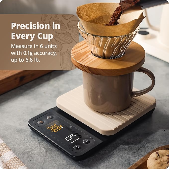 Greater Goods 0.1g Precision Coffee Scale with Timer โ 3kg Digital Scale for Pour-Over, Espresso, French Press, Kitchen Use (Birch)