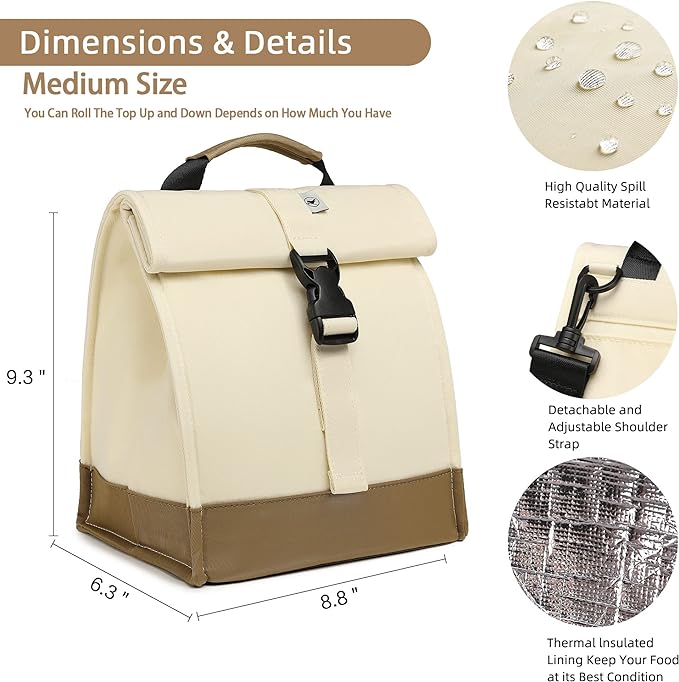 SUNNY BIRD Insulated Lunch Bag Rolltop Lunch Box Medium Lunch Cooler Tote for Women, Girls, Teens and Adults (White)