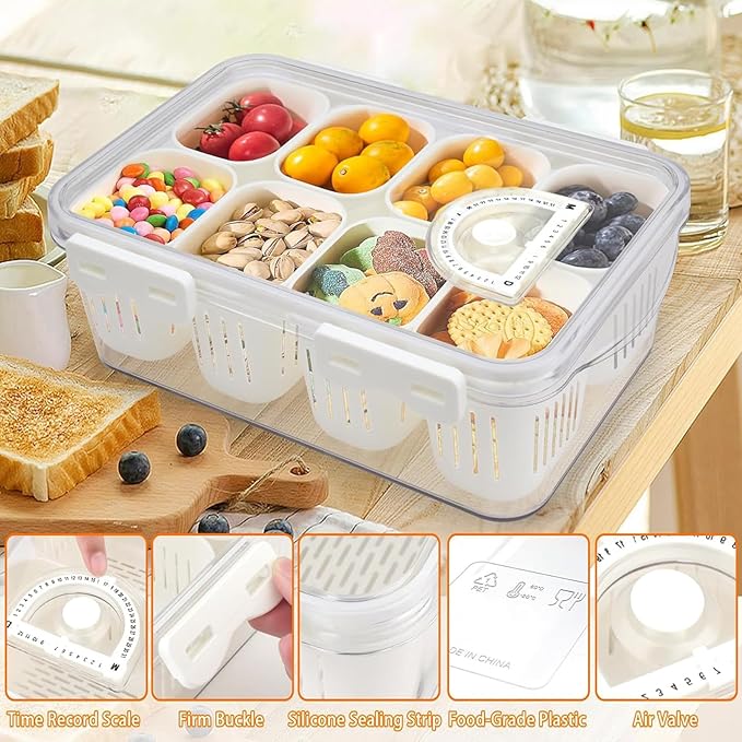 Divided Serving Tray with Lid, Fruit Storage Containers for Fridge, Snack Box, Portable Food Storage Containers with 8 Compartments Keep Vegetables/Fruit/Meat/Salad (Containers-D)