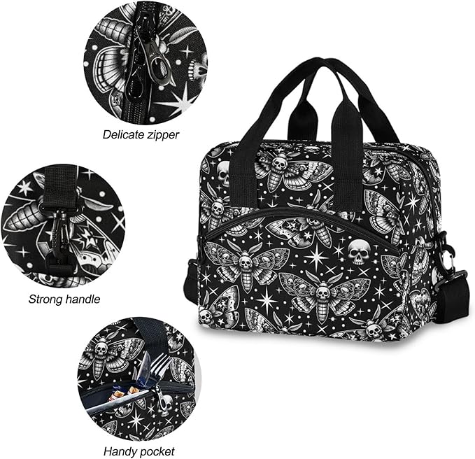 MNSRUU Insulated Lunch Bag Digital Skull Head Moth Women Men Fabric Dinner Tote Cooler Bag Reusable Leakproof Lunch Box with Adjustable Shoulder Handles Strap For Work School