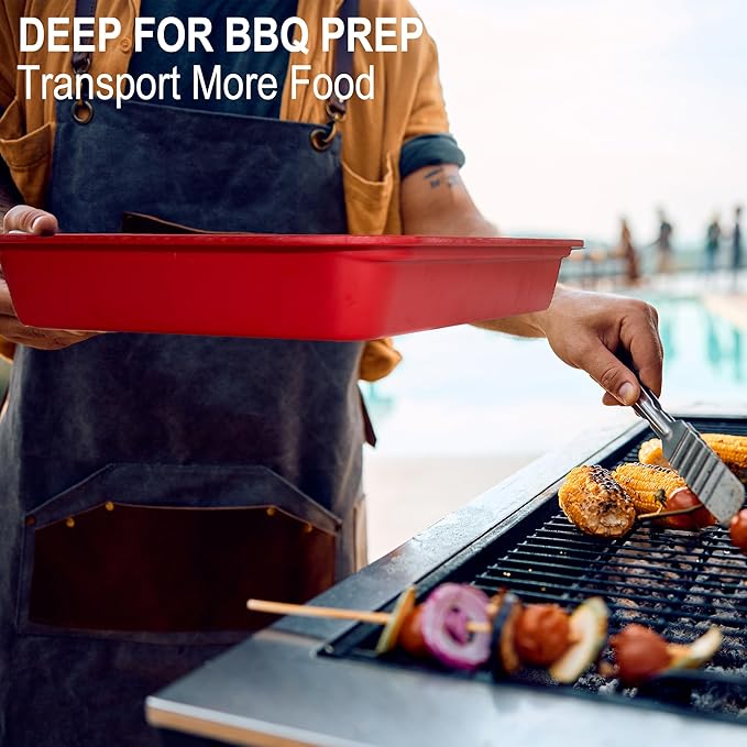 Deep Grilling Prep and Serve Trays with lid, BBQ Tray for Marinating Raw and Cooked Food, Diswasher Safe Nesting Trays Black in Red