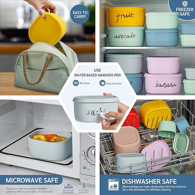 ISSEVE 6Pcs/Set Nesting Silicone Food Storage Containers with Lids, BPA Free Reusable Meal Prep Silicone Containers Lunch Box Bento Box Set (33.8oz, 20oz, 10oz, 6.7oz, 1.3oz) (Grey)