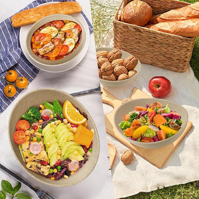 Multi-Size Salad Bowls for Kitchen,Unbreakable and Stackable Wheat Straw Bowls Easy to Clean and Bpa Free,Plastic Bowl Reusable for Camping,Picnic,Hiking and R.V. Beige