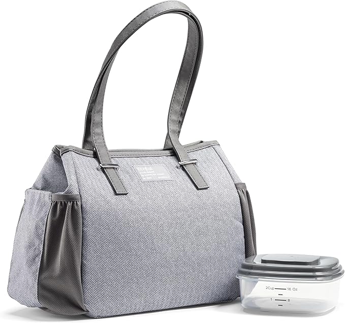 Fit & Fresh Insulated Lunch Bag for Women, Large Lunch Box With Container, Stain-Resistant, Lightweight, for Work - Copley Kit, Gray Tweed