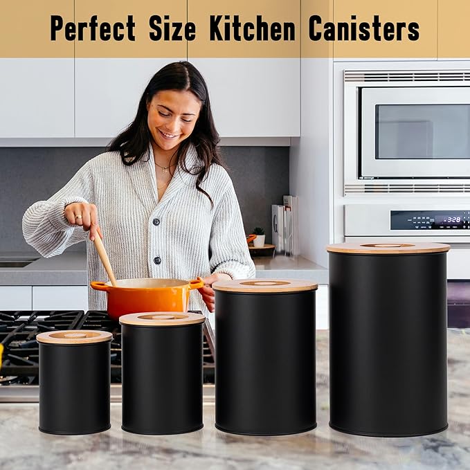 Canisters Sets for Kitchen Countertop, Black Metal Kitchen Canisters Set of 4, Flour and Sugar Storage Containers with Airtight Bamboo Lid and Stickers, Coffee and Tea Storage, Farmhouse Decor