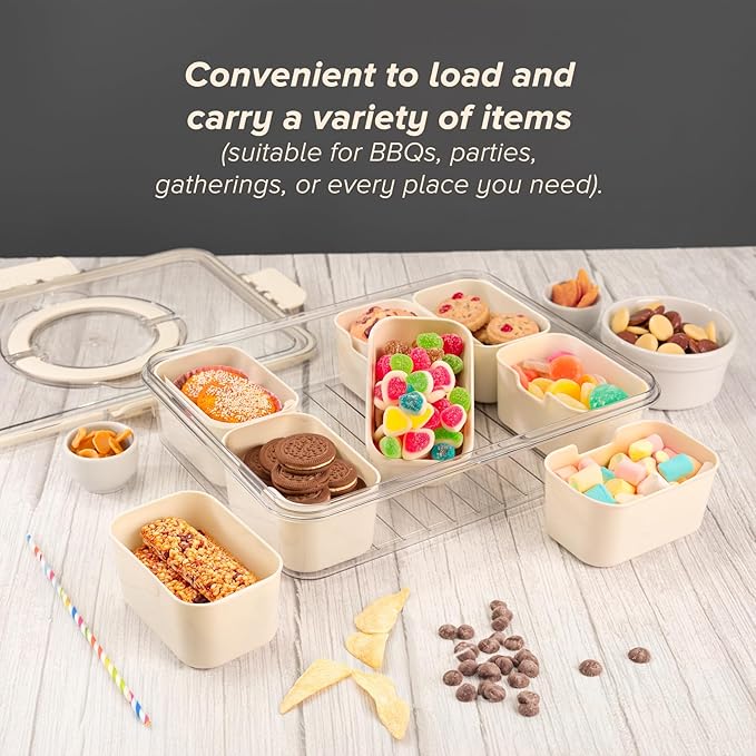 Divided tray with lid and handle, square food storage with 8 compartments, clear organizer for candies, fruits, nuts, and snacks. Perfect for parties and entertainment., Ivory White