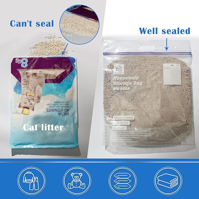 12 Large Plastic Storage Bags, 3 Gallons, Zero BPA, Double Zipper Seal, 3 Mils Thick, Double Layer Carry Handle, 15"x15"x7", Moving, Seasonal, Travel