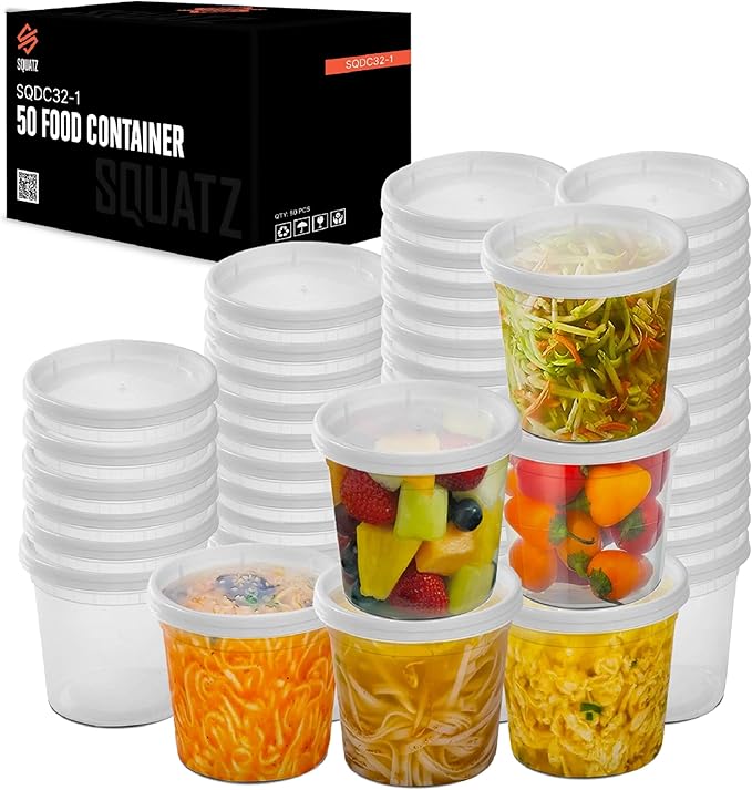 SQUATZ 50 Microwavable Food Container - 32oz Translucent Meal Box Storage with Lids, Ideal for Storing Soups, Condiments, Sauces, Dressing, Salads, Fruit, Baby Food, Healthy Snacks, and Leftovers