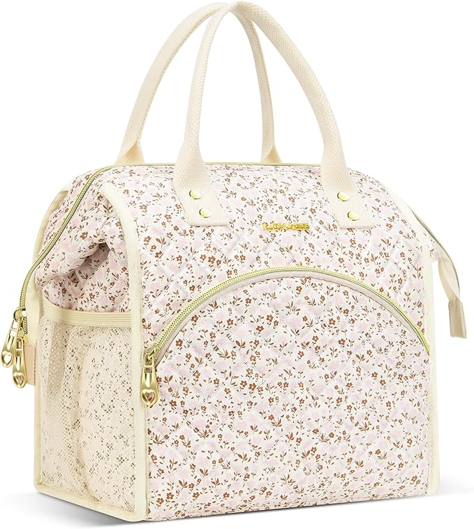 LOKASS Insulated Lunch Bag Women- Reusable 10 L Lunch Box for Women - Leakproof Tote Cooler Bag for Adults Work, Beach, Travel, Picnic (White Small Florals)