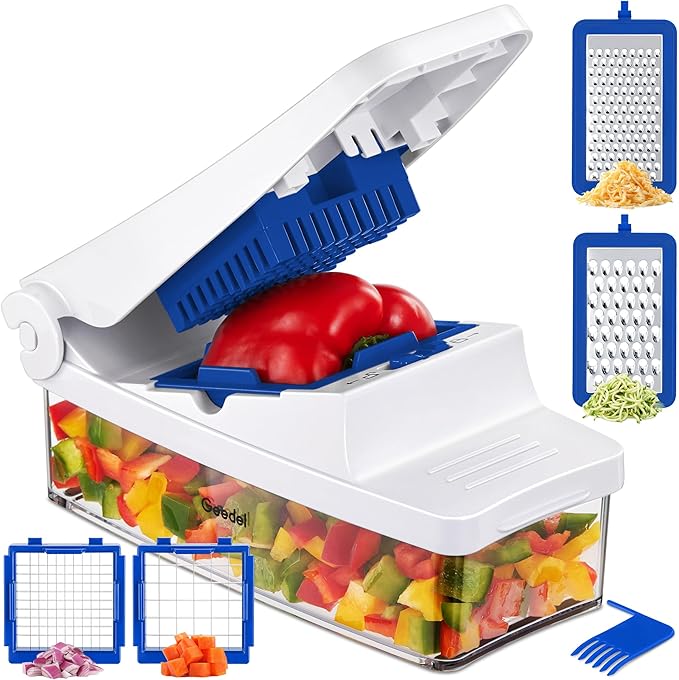Geedel Vegetable Cutter, Onion Cutter Pro Food Chopper, Kitchen Vegetable Slicer Dicer Cutter Grater, Veggie Chopper with container for Salad Onion Potato Carrot (4 in 1, Blue)