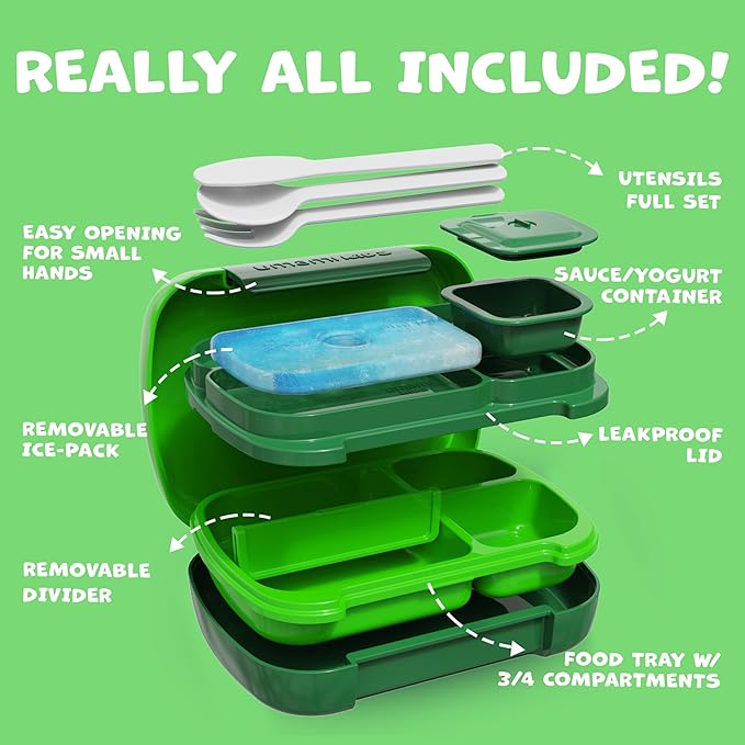 Umami All-in-1 Bento Box for Kids, Ice-pack & Utensils Included, 100% Leakproof & BPA free, Parents' favorite Lunch Box Kids (Jungle Green, 23 oz)