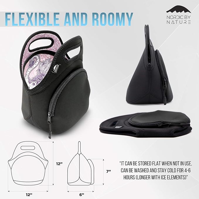 Nordic By Nature Neoprene Lunch Bag For Women, Men & Kids Extra Thick Insulated Neoprene Lunch Tote With Water Bottle Sleeve Durable Reusable Machine Washable Extra Pocket YKK Zippers (Elephant)
