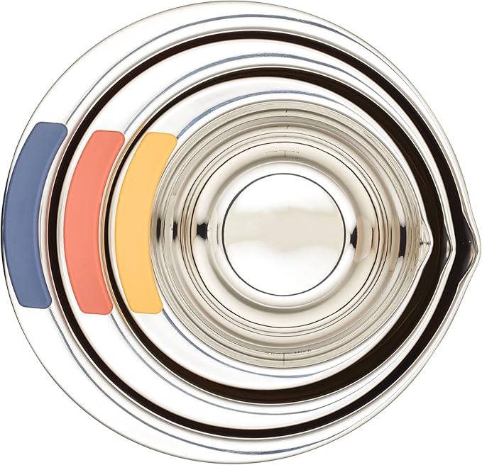 Ayesha Curry Kitchenware Pantryware Stainless Steel Nesting Mixing Bowls, 3-Piece Set, Silver with Color Accent Handles