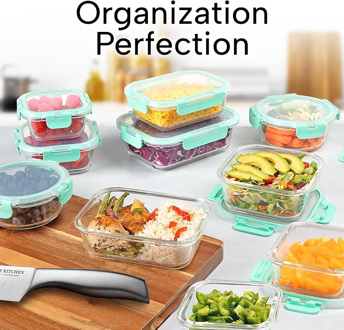 Zulay Kitchen 12 Pack Glass Meal Prep Containers with Lids - Airtight, Premium Borosilicate Glass Food Storage Containers - Microwave, Freezer & Oven Safe, BPA Free - Teal