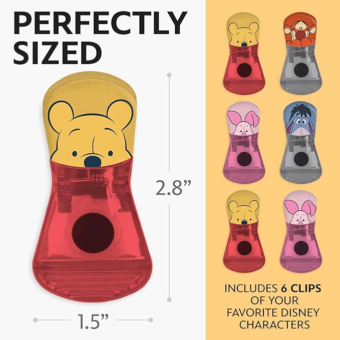 Disney Magnetic Chip Clips – Set of 6 Bag Clips for Food Storage - Mickey, Minnie, Lilo & Stitch, Winnie The Pooh – Durable Airtight Bag Chip Clips for Pantry & Fridge Use