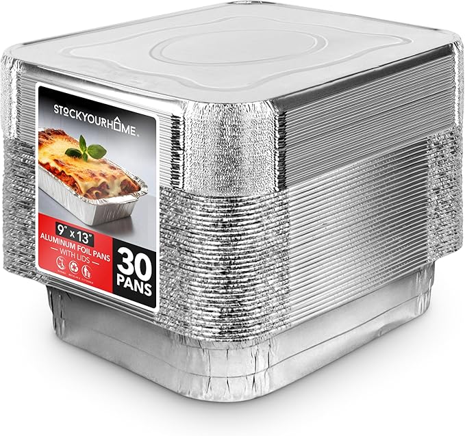 (Set of 30) 9 x 13 Disposable Aluminum Pans with Lids - (30) Heavy Duty Foil Pans with Lids 9x13 (30) Foil Pan Covers, Food Catering Containers for Baking, Cooking, Heating, Storage, Holiday Meal Prep