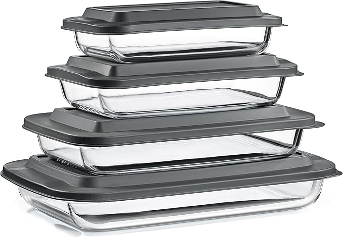 Sorbus 8-Piece Glass Baking Dish Set with Lids – BPA-Free, Airtight, and Safe for Dishwasher, Oven, and Freezer – Includes 4 Sizes for Meal Prep, Portion Control, Lasagna, and Healthy Eating