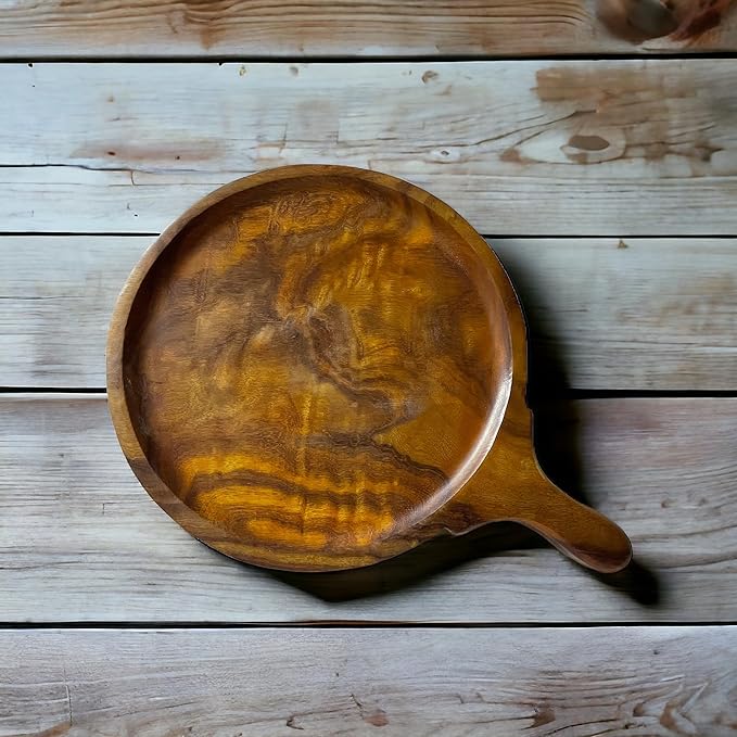 Rosewood Pizza Tray and Multipurpose Kitchen Round Cutting, Serving Board with Handle for Home, Restaurants - 12Inch, Brown