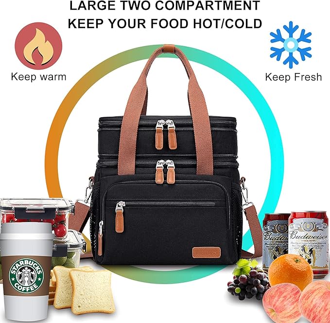 Weitars Lunch Bag For Women Men-Dual Compartment Large Lunch Box For Men Adult Lunch Box For Nurse Office Working Picnic Hiking (15L, Black/kahki)
