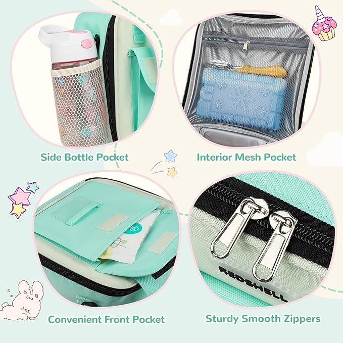 REDSHELL Tactical Lunch Box Kids, Large Insulated Lunch Bag for Girls, Cooler Lunchbag, Square Toddler Lunchbox, Back to School Daycare Lunch Tote Pail with Water Bottle Holder Shoulder Strap, Green