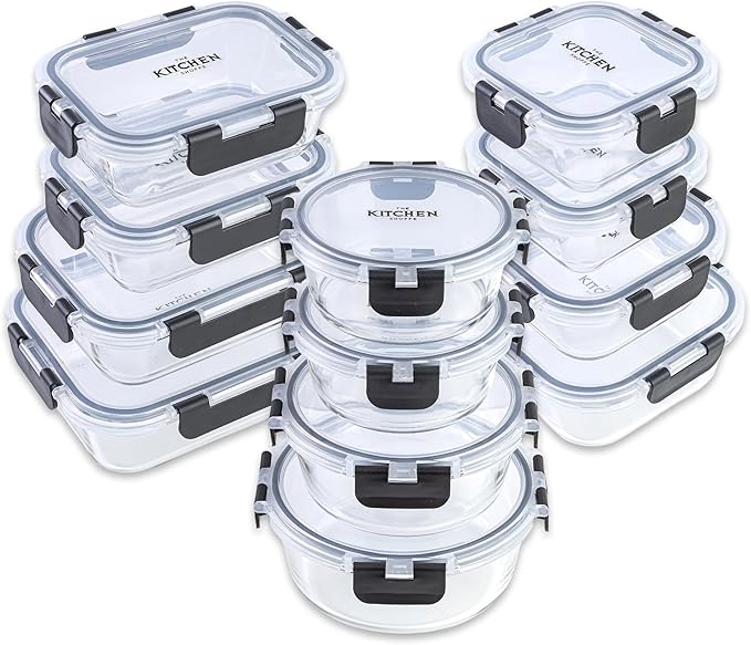 KITCHEN SHOPPE 24-Piece Borosilicate Glass Food Storage Containers | BPA-Free, Airtight, Reusable, Stackable Set for Meal Prep, Leftovers, or Lunch | Freezer, Oven, Microwave & Dishwasher Safe