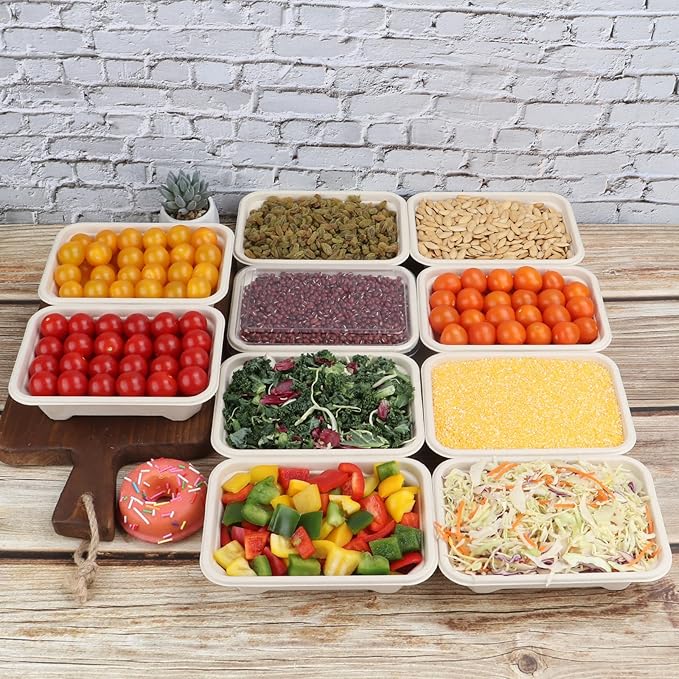 18 oz Rectangle Disposable bowls with clear lids,Sugarcane Fiber Bowls take away food containers Plant Fibers 50 PACK