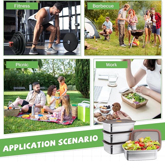 4pcs Stainless Steel Containers with Lids, Reusable Food Storage Containers, Stainless Steel Lunch Box for Office Travel