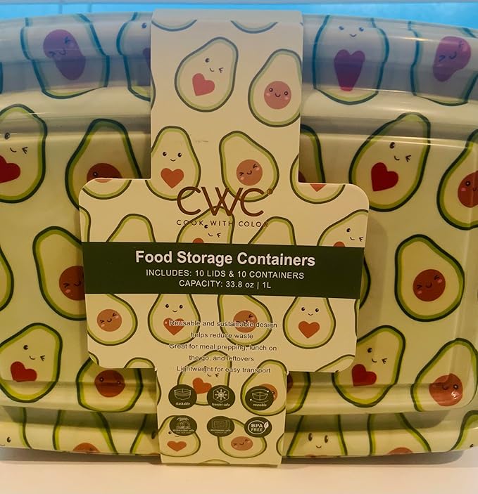 COOK WITH COLOR 20 PIECE PLASTIC RECTANGULAR FOOD CONTAINERS, 10 LIDS & 10 CONTAINERS CAPACITY 33.8 OZ (1L) 9 X 6 X 2 (HAPPY AVOCADO)