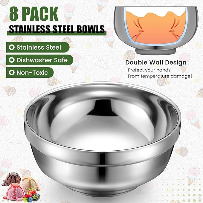 8 Pack 34 oz Stainless Steel Bowls Double Walled Insulated Soup Ice Cream Metal Mixing Nesting Bowls for Serving Soup Rice Cereal