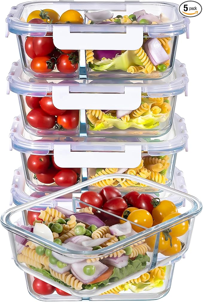 MFY 5-Pack 36 OZ Glass Storage Containers with Lids, Glass Meal Prep Containers 2 Compartment Set, Airtight Glass Lunch Containers with Lids, Microwave, Oven, Freezer and Dishwasher Safe, White