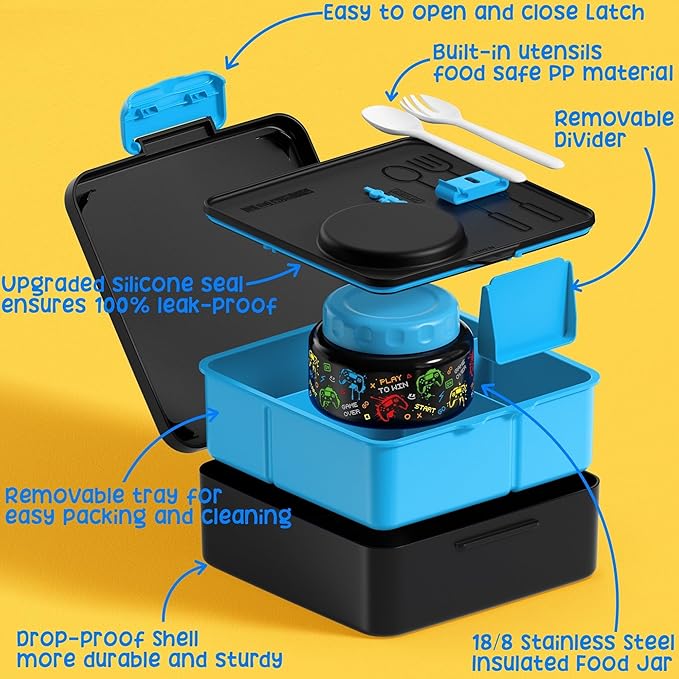 Fimibuke Bento Box for Kids with Thermos, 60OZ Bento Lunch Box Container with Leakproof 8OZ Insulated Food Jar, 3-4 Compartments, Sauce Jar, Utensils for Teens Toddler Adult, BPA-Free, Dishwasher Safe