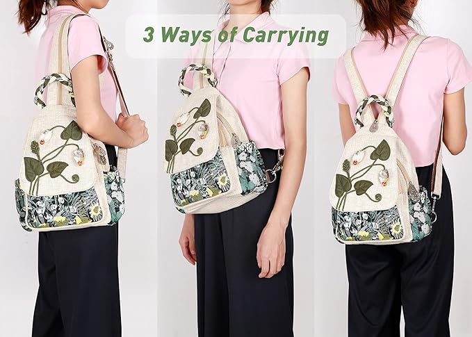 Ladys Convertible Sling Bag, Hand Craft Artisan Purse, Girls Beautiful Canvas Premium Casual Day Mini Backpack for Women (Flower Bee)