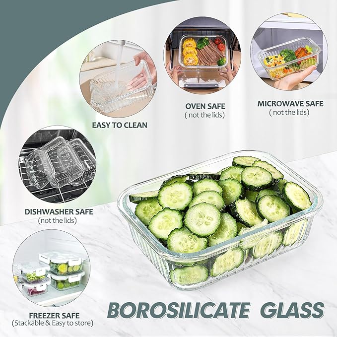 10 Packs Glass Food Storage Containers Set, Glass Meal Prep Containers with Lids, Airtight Lunch Containers, Microwave, Oven, Freezer and Dishwasher Safe, White