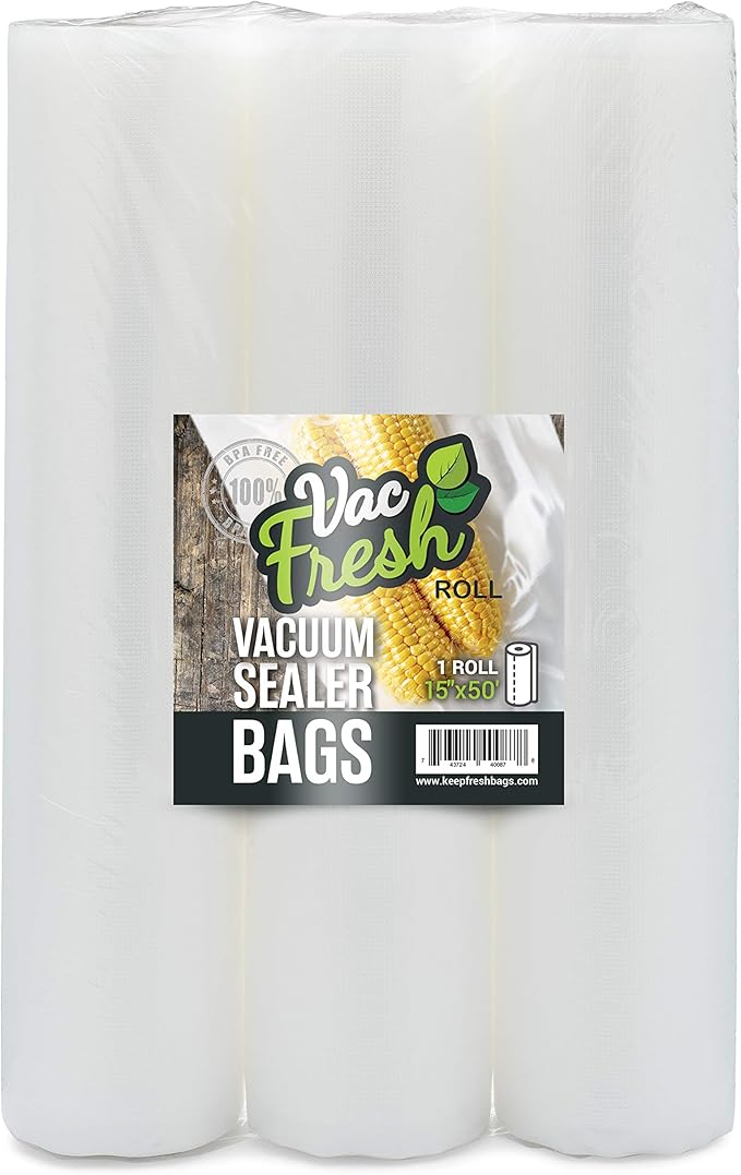 Vac Fresh Food Vacuum Seal Rolls (15" x 50', 3 Rolls) 3.5mil Embossed Food Storage Bags, Vacuum Seal Bags for Meal Prep, Sous Vide Bags for Cooking (150 Feet)