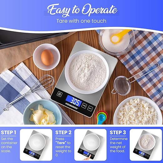 33lb Digital Kitchen Scale, Food Scale, Precisely Measures Grams and Ounces for Baking and Cooking, Meal Prep, Waterproof Tempered Glass, Coffee Scale, Battery & Charging Cable Included