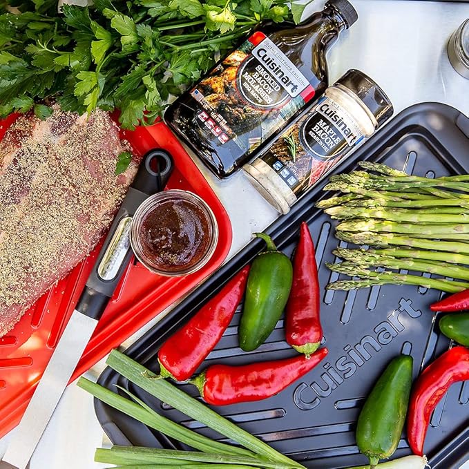 Cuisinart Grilling Prep and Serve Trays, 17x10.5 inch BBQ Safe for Food Handling, 2 Dishwasher Safe Nesting Trays Black and Red, Perfect Grilling Tray for Cooked and Raw Meat, Fits 6 Burgers