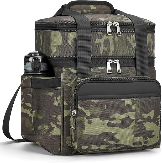 Insulated Lunch Bag & Lunch Box for Men - Double Deck Reusable Lunch Bag for Women Tote Cooler Bag Leakproof Soft Expandable - Extra Large Lunchbox for Work/Adult/Picnic/Outdoor (Camo,22L)