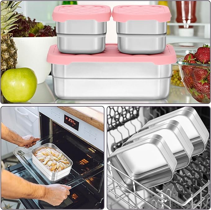 HaWare Stainless Steel Lunch Box for Kids, Leak Proof Food Storage Containers with Silicone Lids, Reusable Easy-Opened Lunch Containers, Portable Metal Snack Box, Dishwasher Safe (8oz*2+25oz)