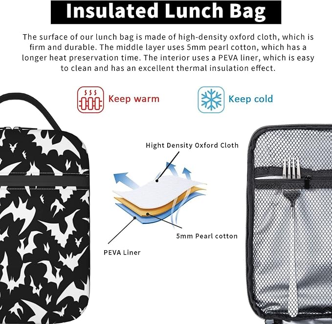 YETTA YANG Halloween Bat Cool Portable Lunch Bag Insulated Lunch Box Reusable Totes For Women Men Work Picnic Camping
