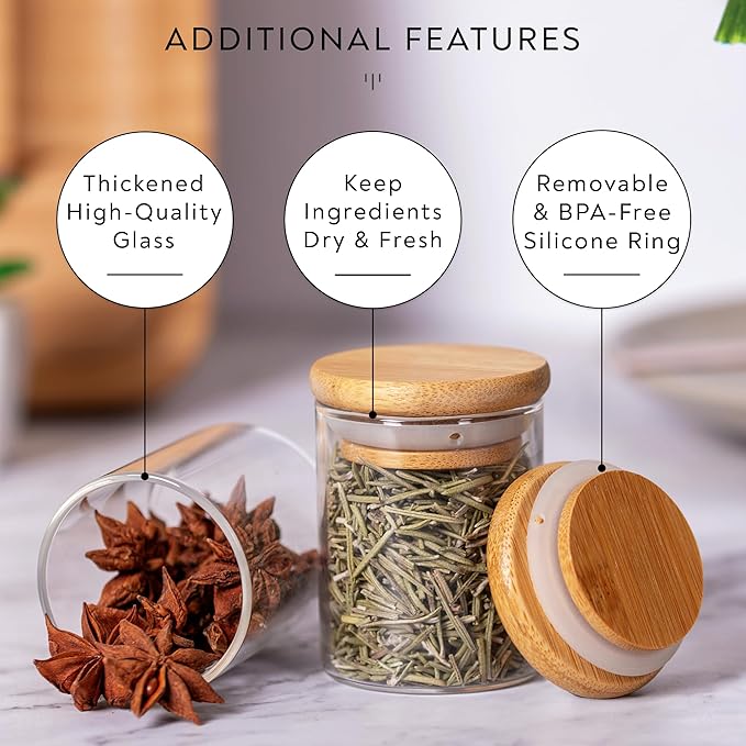 Laramaid 2.5oz 20Packs Glass Jars Set, Round Spice Jars with Bamboo Lids and Customized Labels, Food Storage Container Canisters for Home Kitchen, Spice, Herbs, Seasoning, Seed, Tea, Sugar, Salt