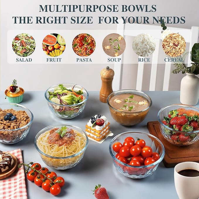 Freshmage 6 Pack Soup/Cereal Bowls Set, Extra Thick and Anti Resistant, 26oz Round Glass Diamond Cutting Kitchen Bowls, Microwave/Freezer/Dishwasher safe