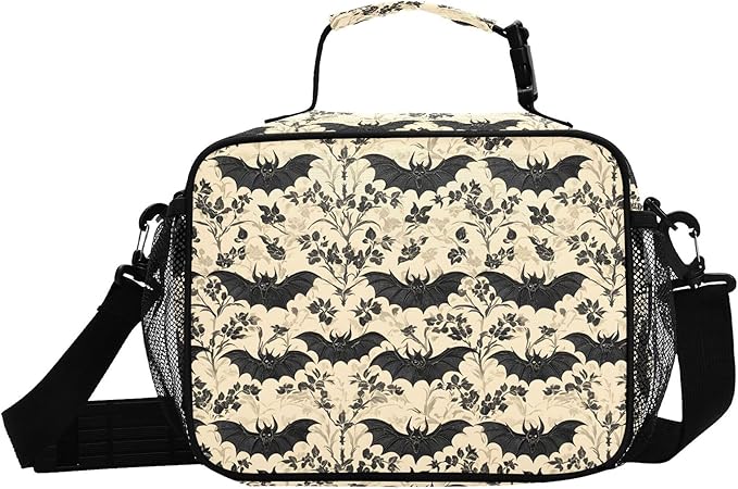 MNSRUU Student Lunch Bag Bats and Flowers Vintage Insulated DinnerTotes Picnic Bag Lunch Box with Adjustable Shoulder Strap for Teen Kids Adults