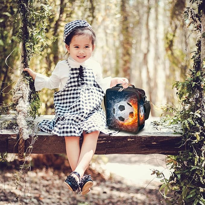 Soccer Kids Lunch Box Flame Soccer Insulated Lunch Bag for Boys Girls Reusable Food Container Tote Cooler Warm Pouch for School work Office Beach